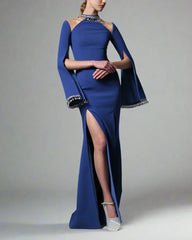 Dark Blue Crepe Dress with Crystals - Arda
