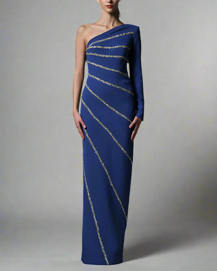 Asymmetrical Dark Blue Crepe Dress with Crystals - Jennifer