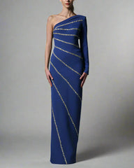 Asymmetrical Dark Blue Crepe Dress with Crystals - Jennifer