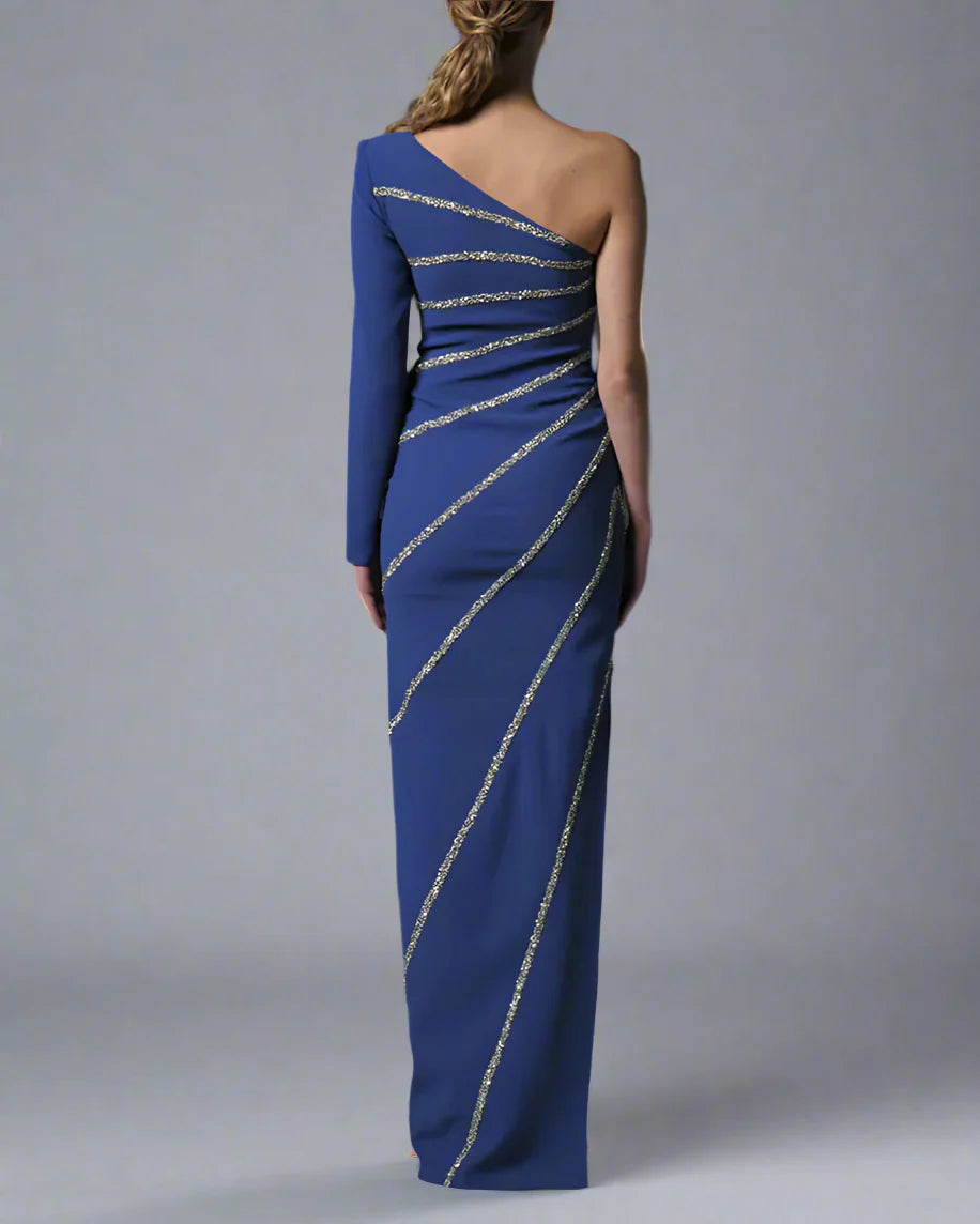 Asymmetrical Dark Blue Crepe Dress with Crystals - Jennifer