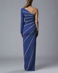 Asymmetrical Dark Blue Crepe Dress with Crystals - Jennifer