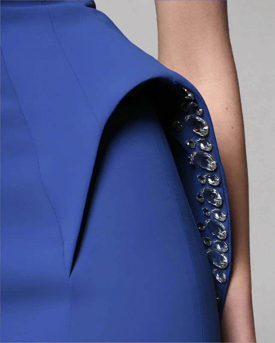 Dark blue crepe dress with waist detail - Vanessa