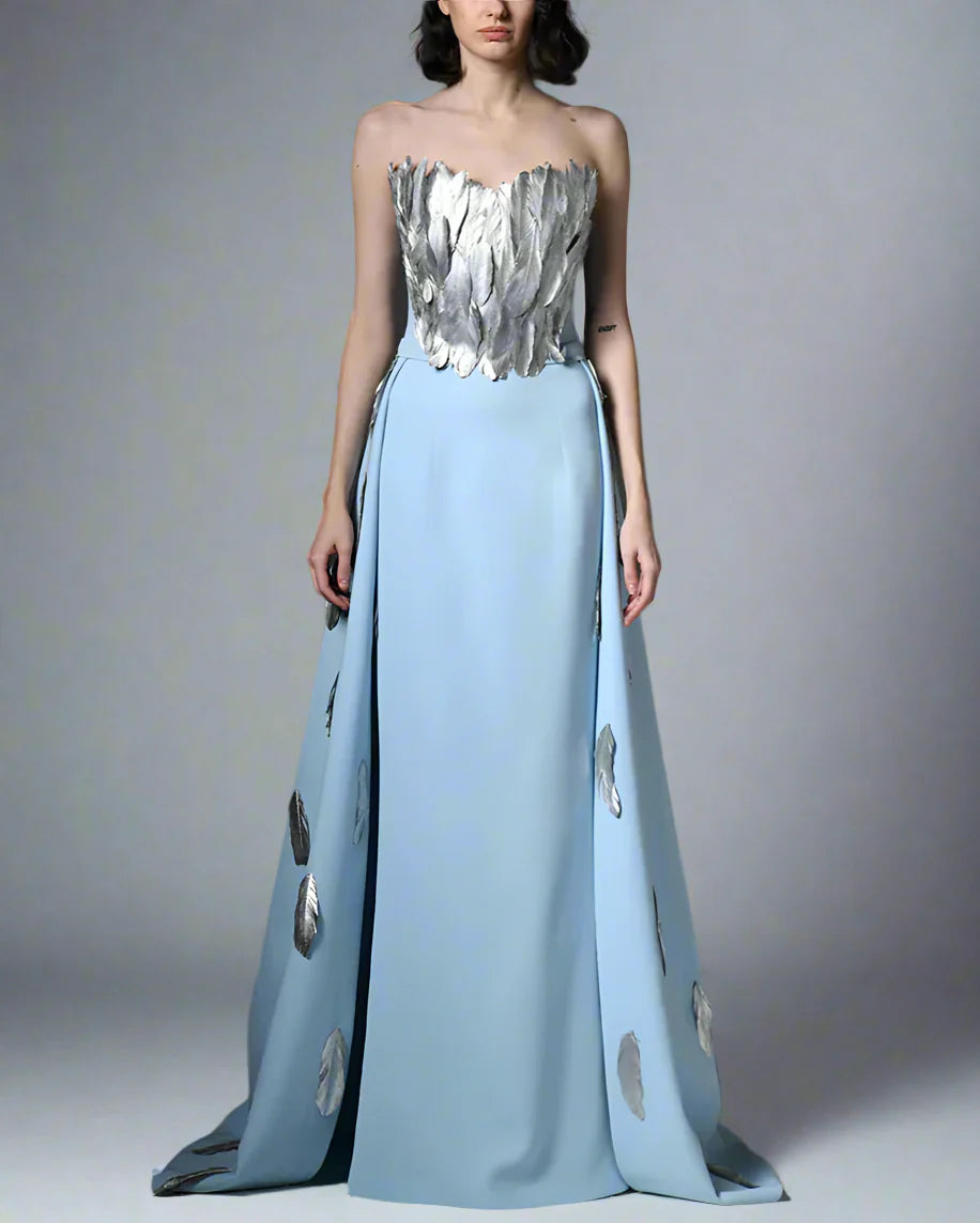 Light blue crepe dress with feathers on bustier - Katy