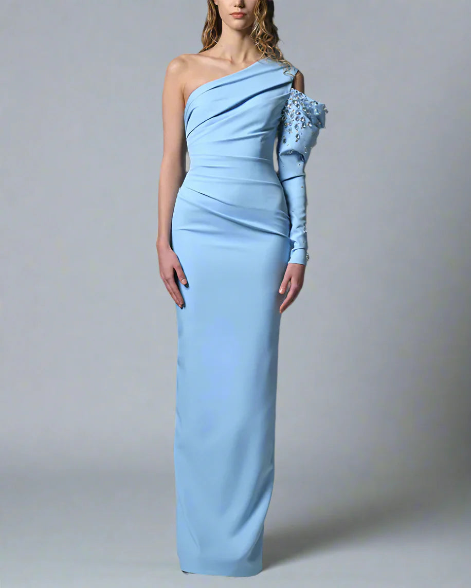 Light Blue Crepe Asymmetric Dress with Embroidered Sleeves - Carrie