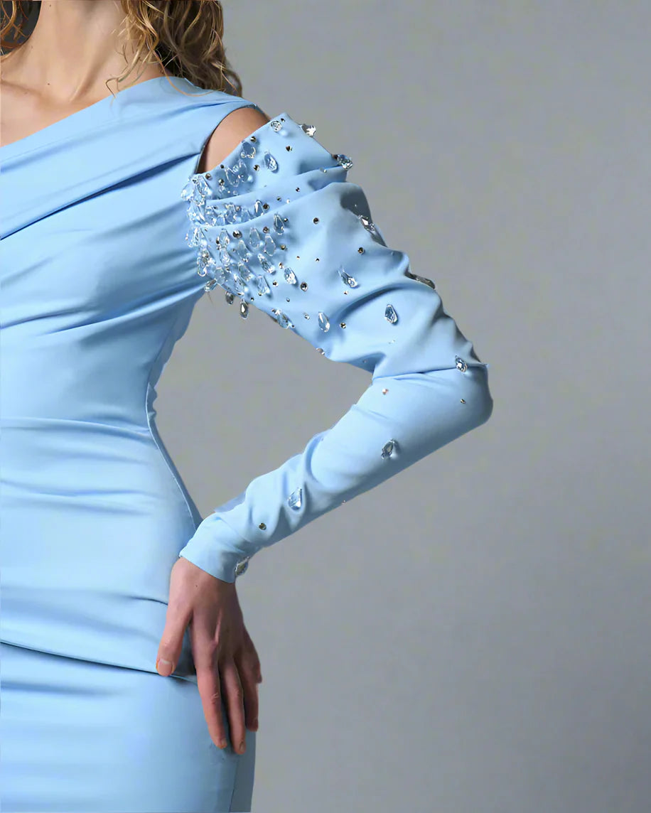 Light Blue Crepe Asymmetric Dress with Embroidered Sleeves - Carrie
