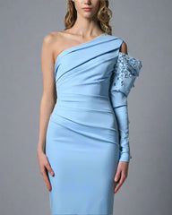 Light Blue Crepe Asymmetric Dress with Embroidered Sleeves - Carrie