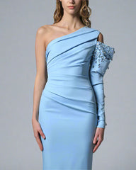 Light Blue Crepe Asymmetric Dress with Embroidered Sleeves - Carrie