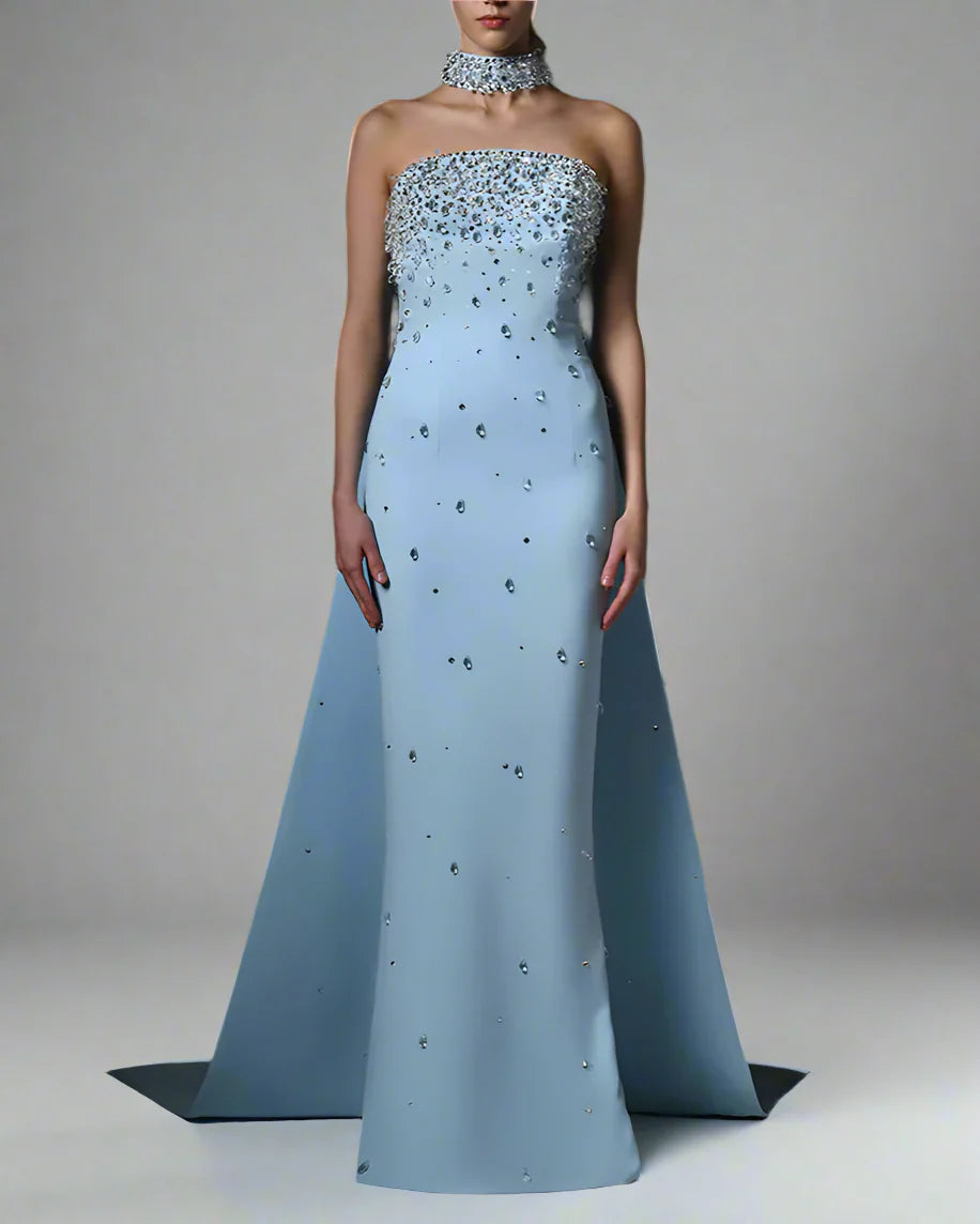 Light blue crepe dress with full embroidered - Carolina