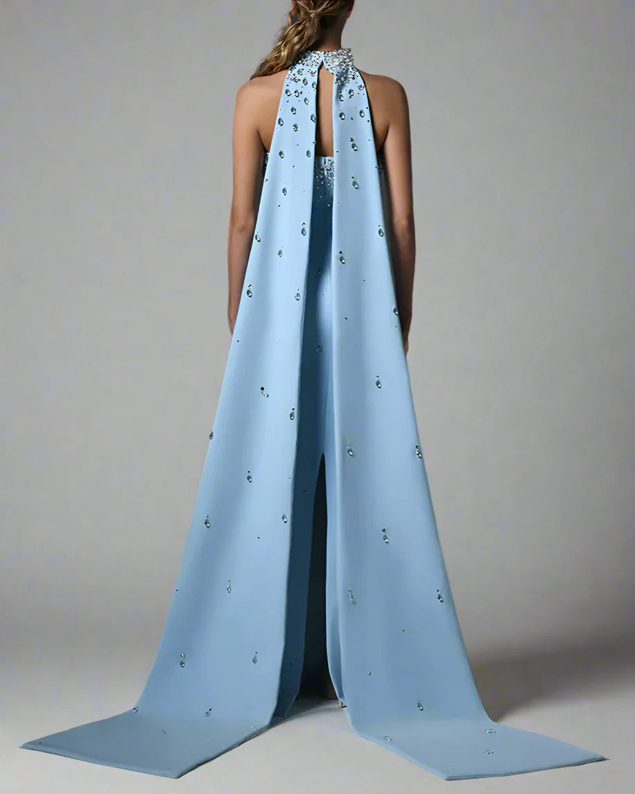 Light blue crepe dress with full embroidered - Carolina