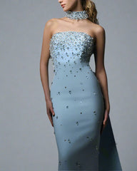 Light blue crepe dress with full embroidered - Carolina