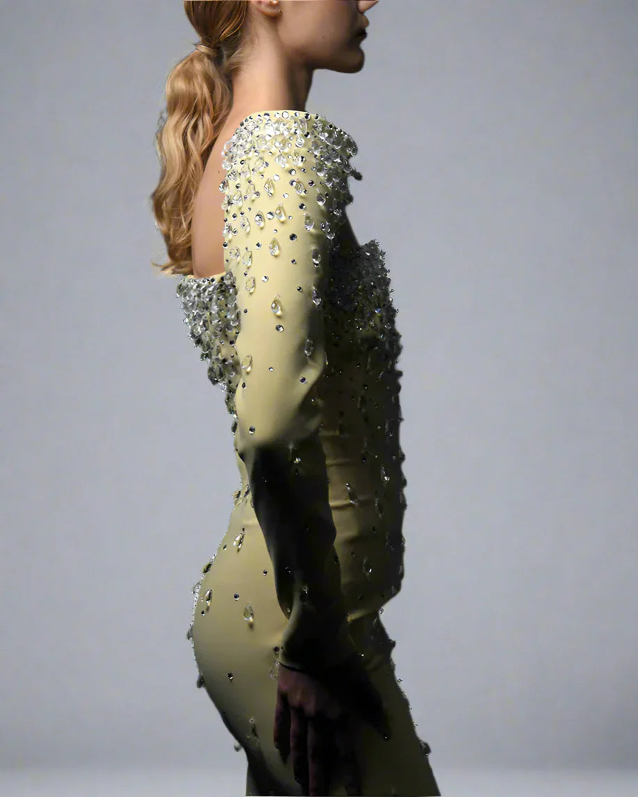 Yellow Full Embroidered Dress with Structured Sleeves - Diana