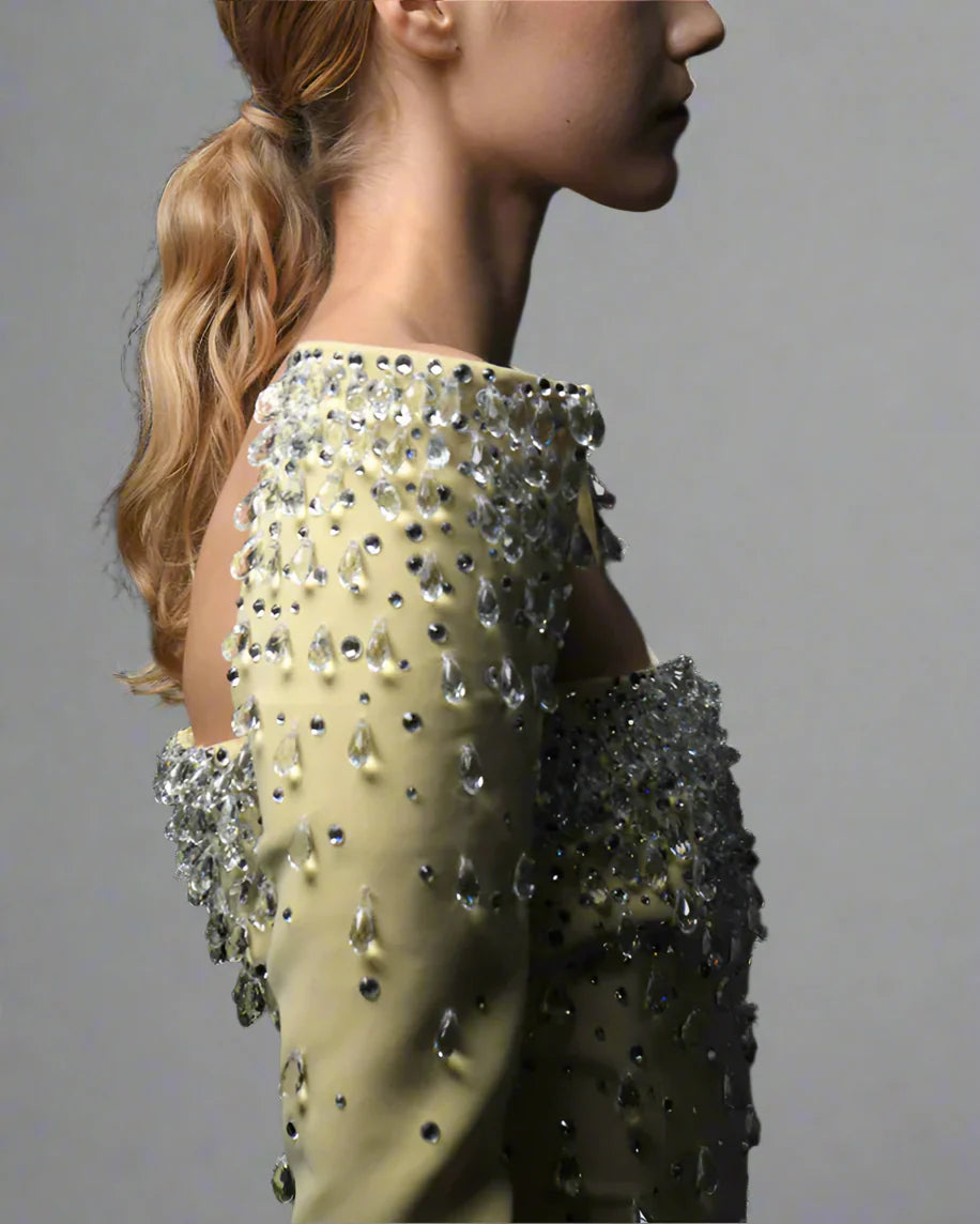 Yellow Full Embroidered Dress with Structured Sleeves - Diana