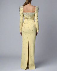 Yellow Full Embroidered Dress with Structured Sleeves - Diana