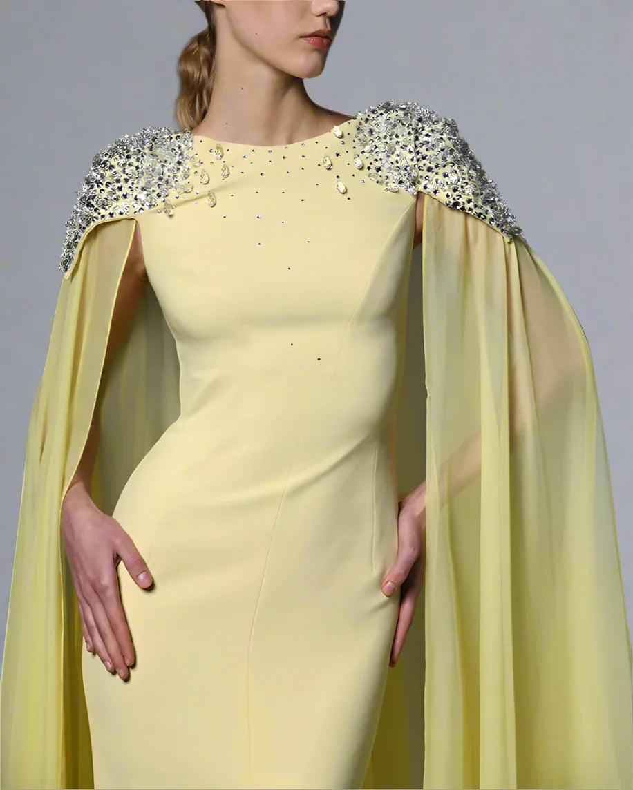 Yellow Crepe Embroidered Dress with Chiffon Head - Lucy