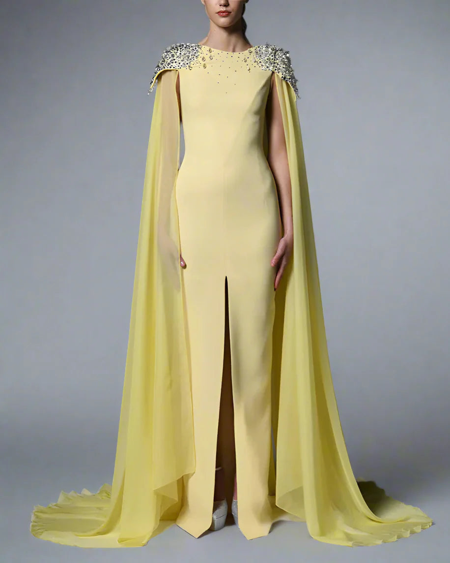 Yellow Crepe Embroidered Dress with Chiffon Head - Lucy