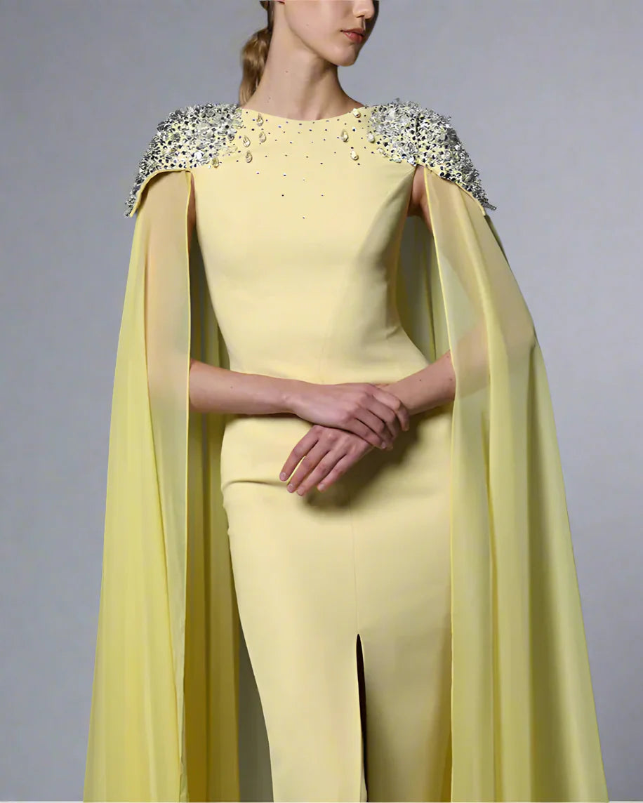 Yellow Crepe Embroidered Dress with Chiffon Head - Lucy