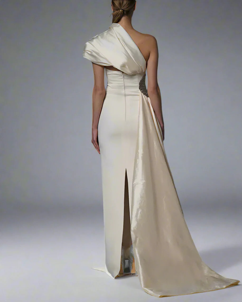 Asymmetrical crepe dress with taffeta collar - Mia