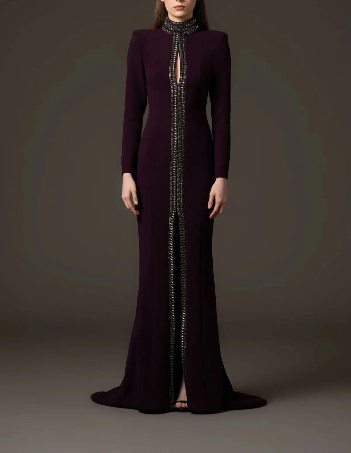 long-sleeve column dress with crystal-trimmed front slit – VIOLETTA