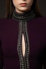 long-sleeve column dress with crystal-trimmed front slit – VIOLETTA