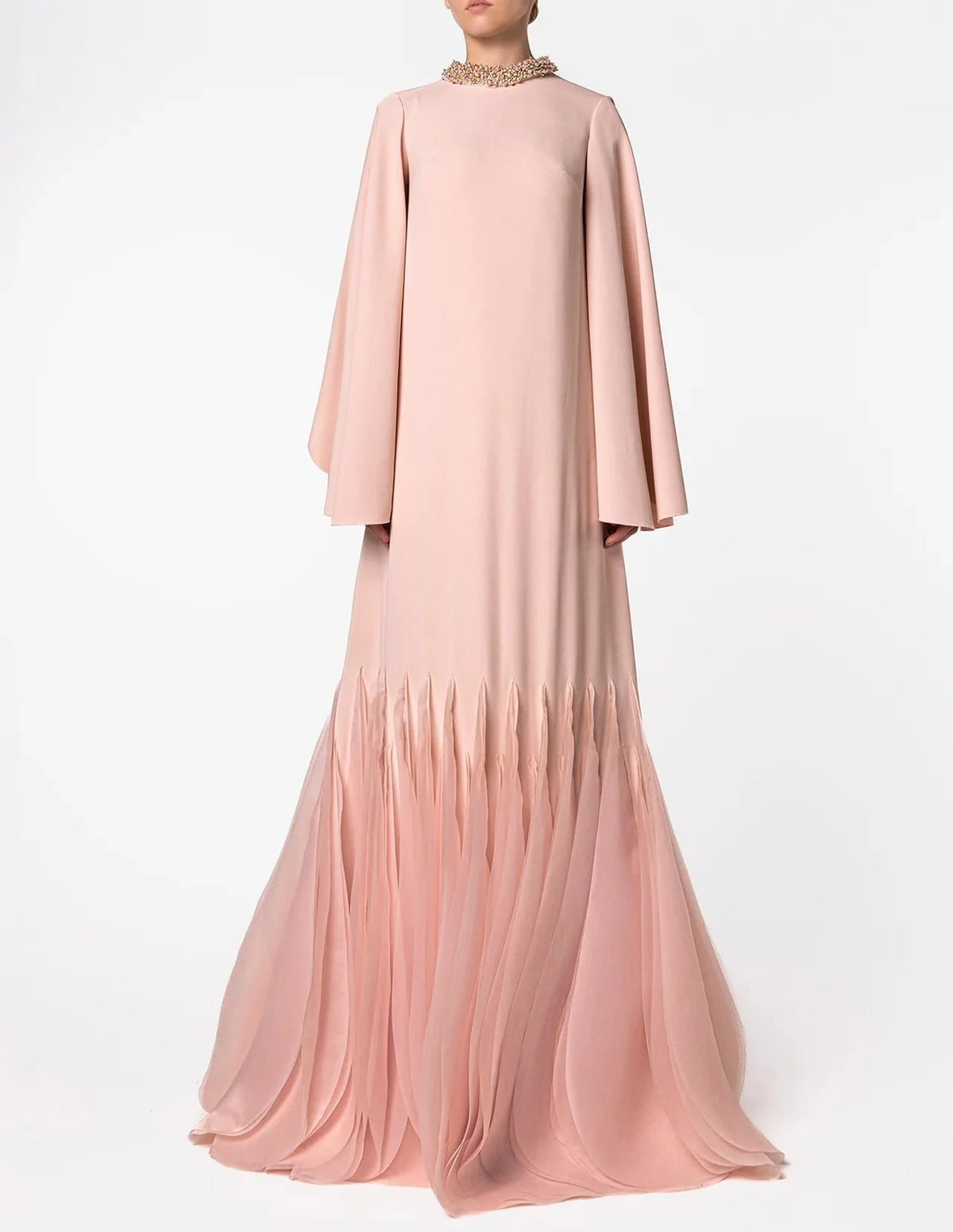 Long Sleeve A-Line Gown with Pleated Chiffon Hem and Embellished Neckline - ROSA