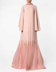 Long Sleeve A-Line Gown with Pleated Chiffon Hem and Embellished Neckline - ROSA