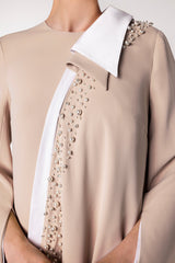 Long Sleeve Asymmetric Dress with Beaded Draped Detail - SANTA