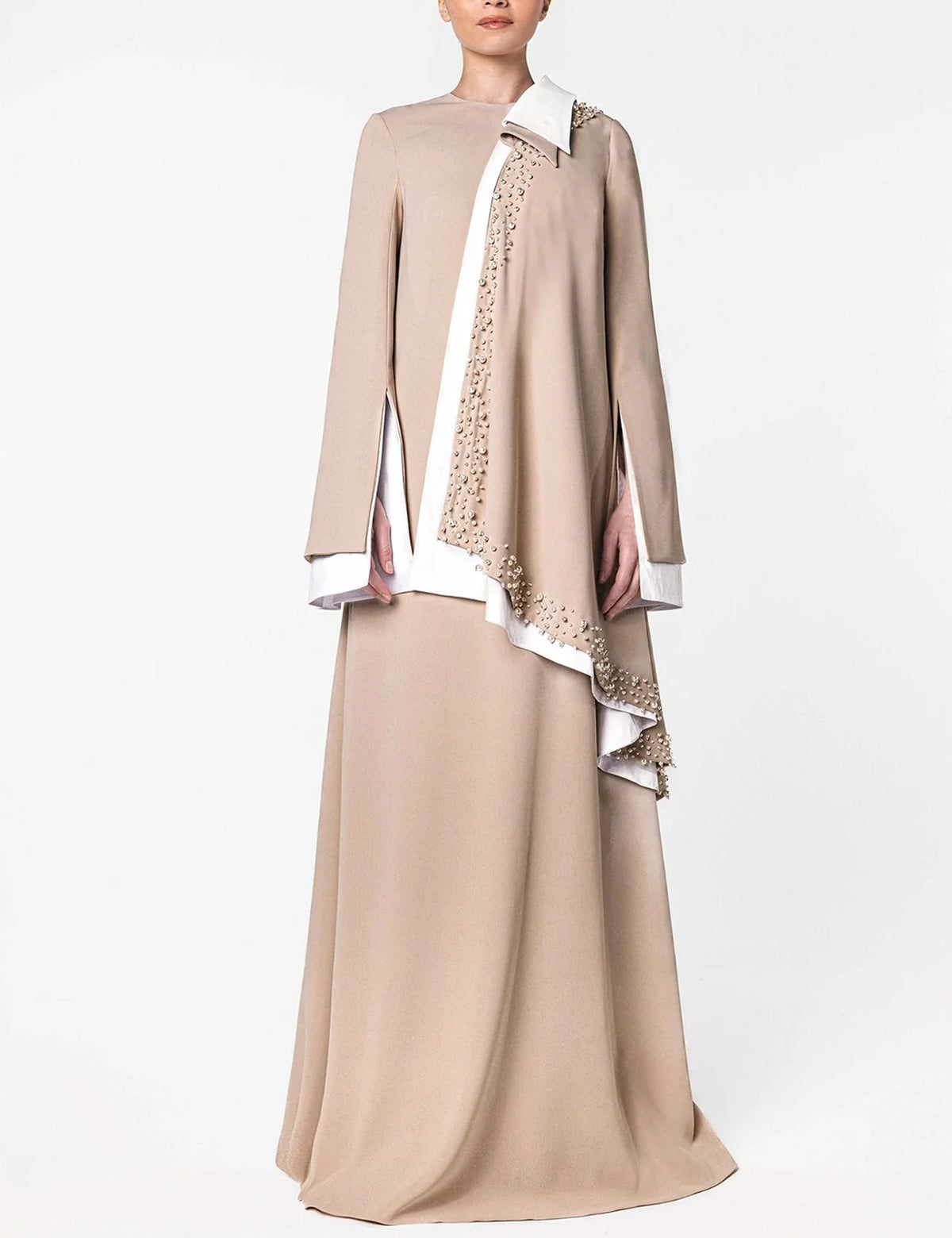 Long Sleeve Asymmetric Dress with Beaded Draped Detail - SANTA