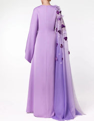 Long Sleeve Dress with Floral Appliqué Draped Cape - LILI