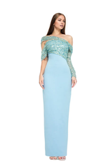 Off-shoulder sequin-draped gown – Lorven