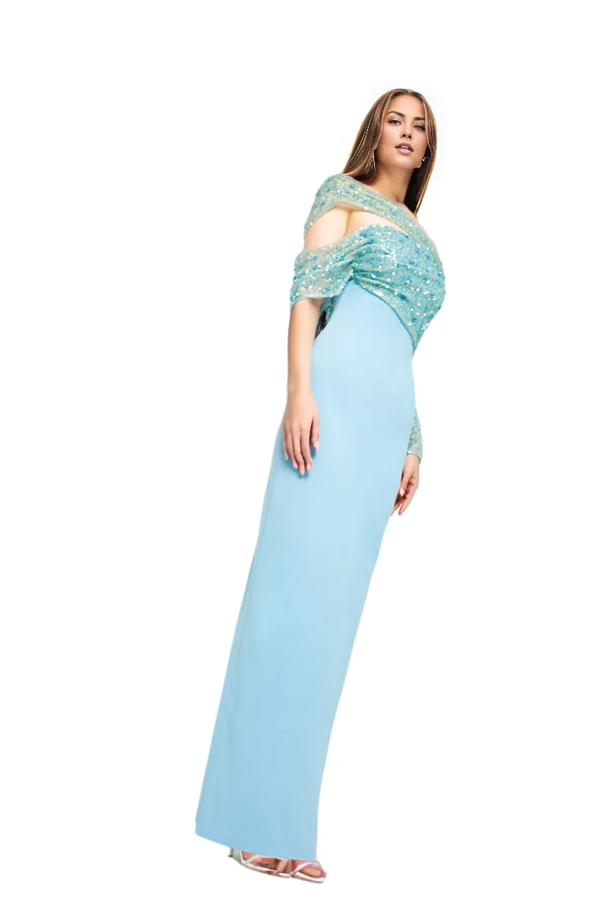 Off-shoulder sequin-draped gown – Lorven