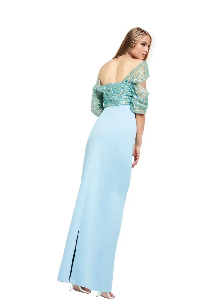 Off-shoulder sequin-draped gown – Lorven