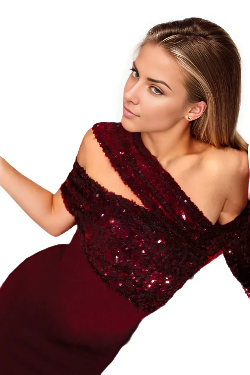 Off-shoulder sequin-draped gown – Lorven