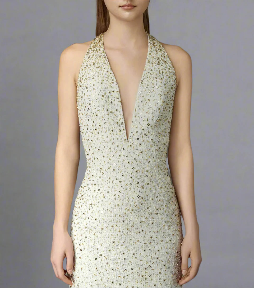 Halter-neck column dress with crystal embellishments – AUMUZA