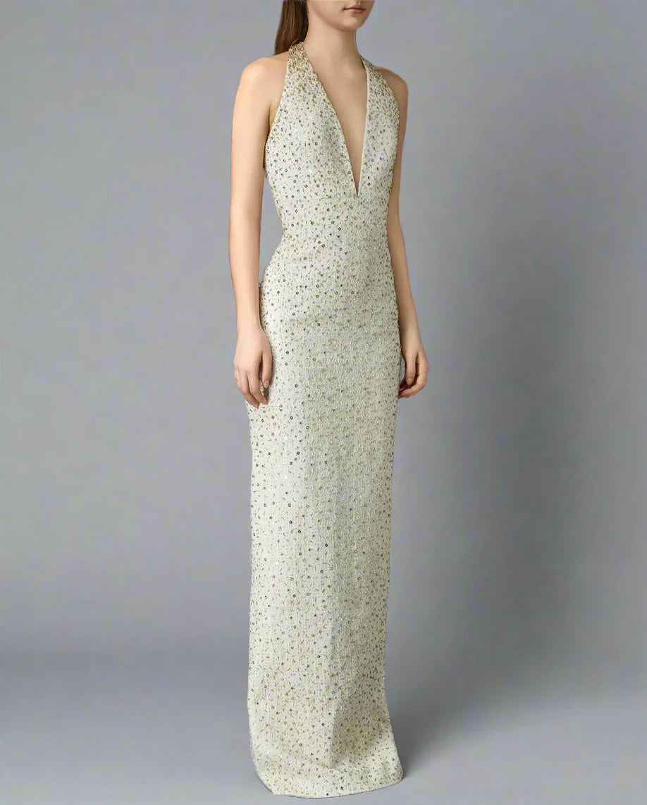 Halter-neck column dress with crystal embellishments – AUMUZA