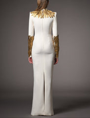 long-sleeve column dress with gold feather appliqués – AURELIA