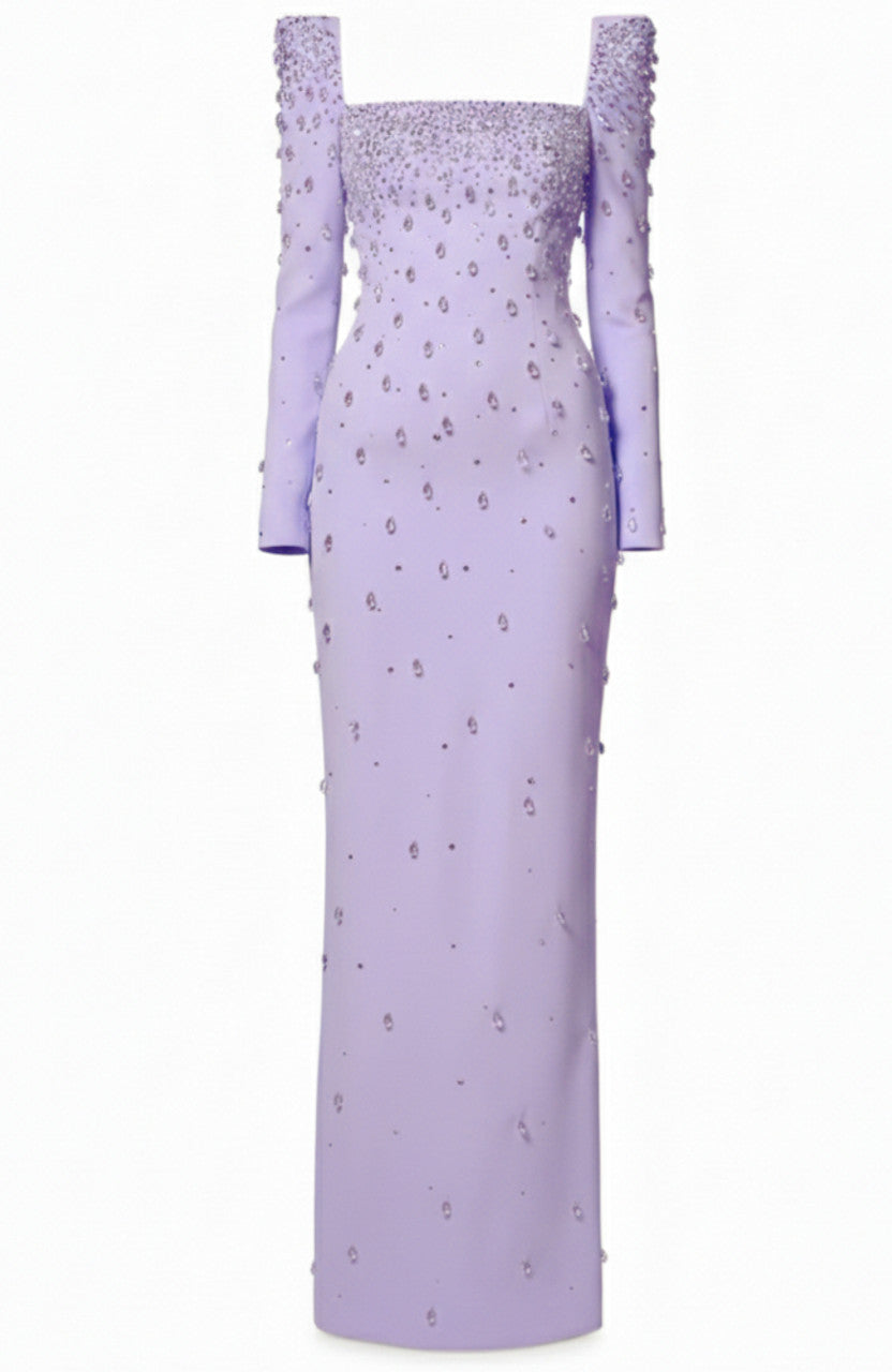 Yellow Full Embroidered Dress with Structured Sleeves - Diana