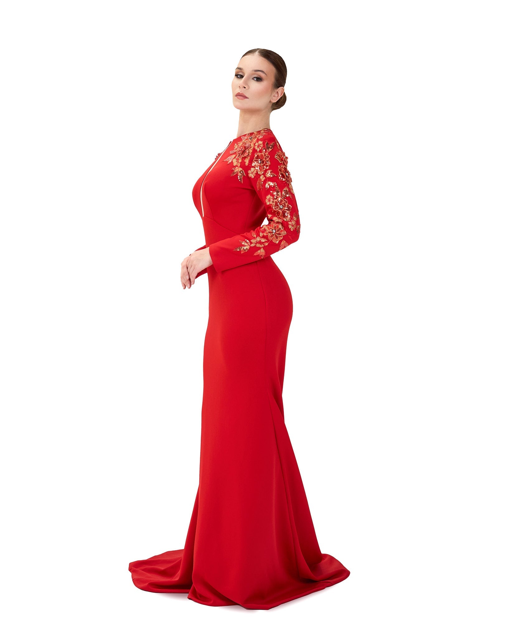 Red Floor-Length Dress with a Long Train and Sequined Sleeves