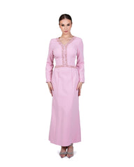 V Neckline long-sleeved pink dress with sequinned lines