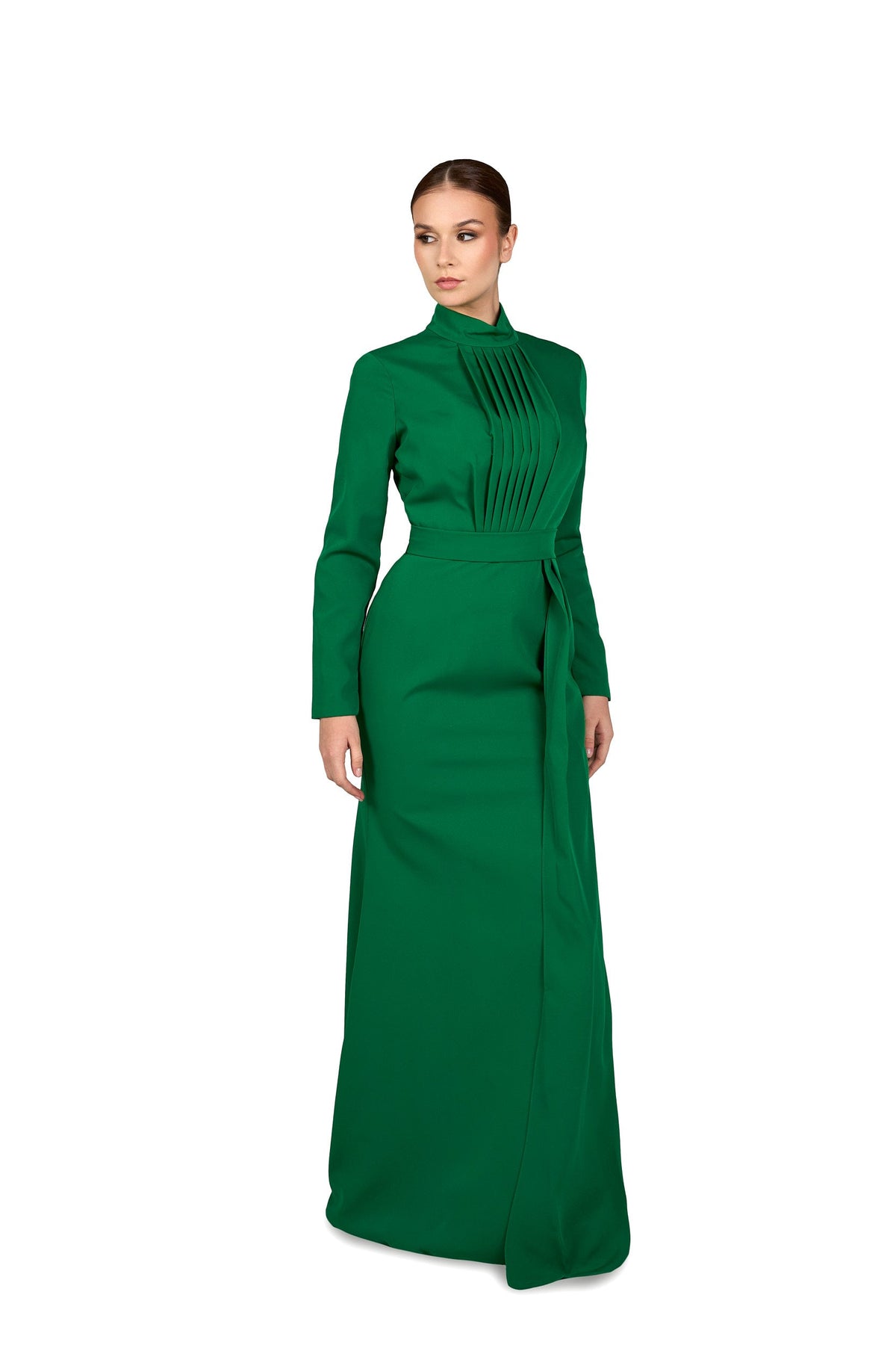 Pleated chest with long sleeves green dress-Govan