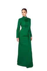 Pleated chest with long sleeves green dress-Govan