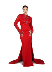 Beaded long-sleeve dress, with side slits and train-Pascoe