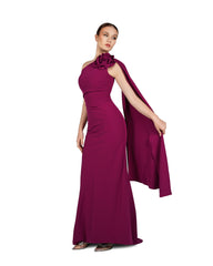 Shoulder off draped dress with 3D flower