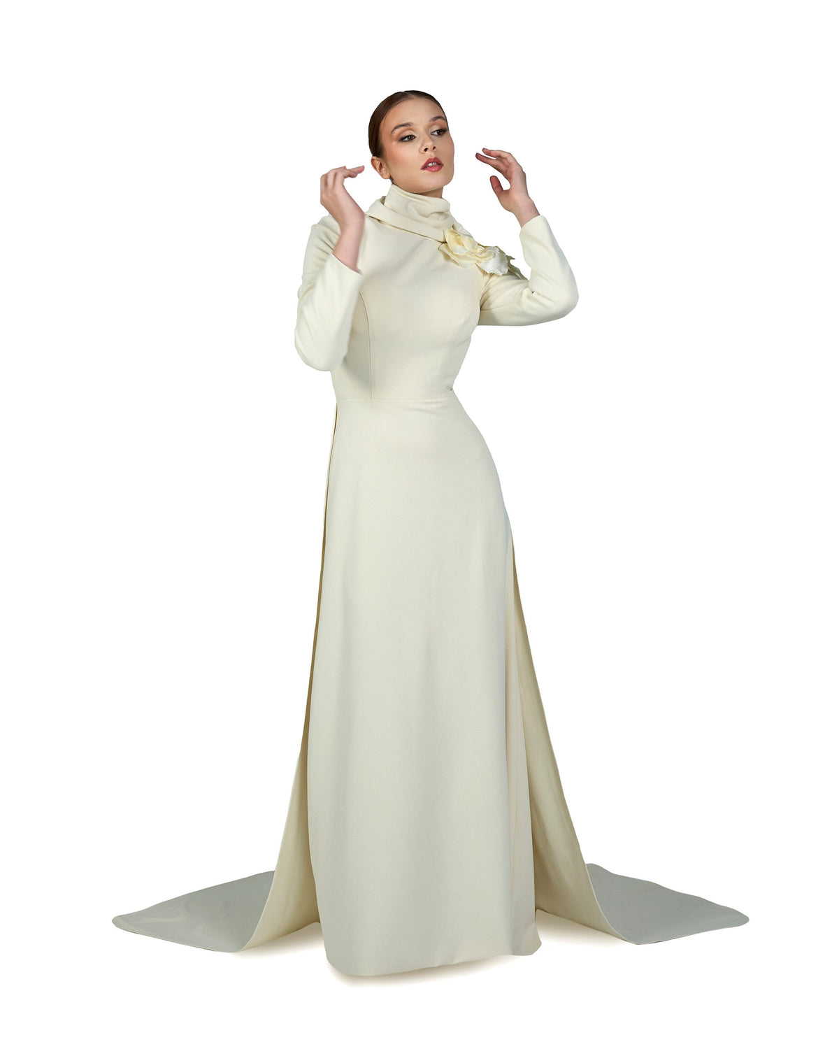 long sleeve dress with crumpled high neck and 3D flowers-Ghadah