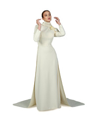 long sleeve dress with crumpled high neck and 3D flowers-Ghadah