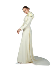 long sleeve dress with crumpled high neck and 3D flowers-Ghadah