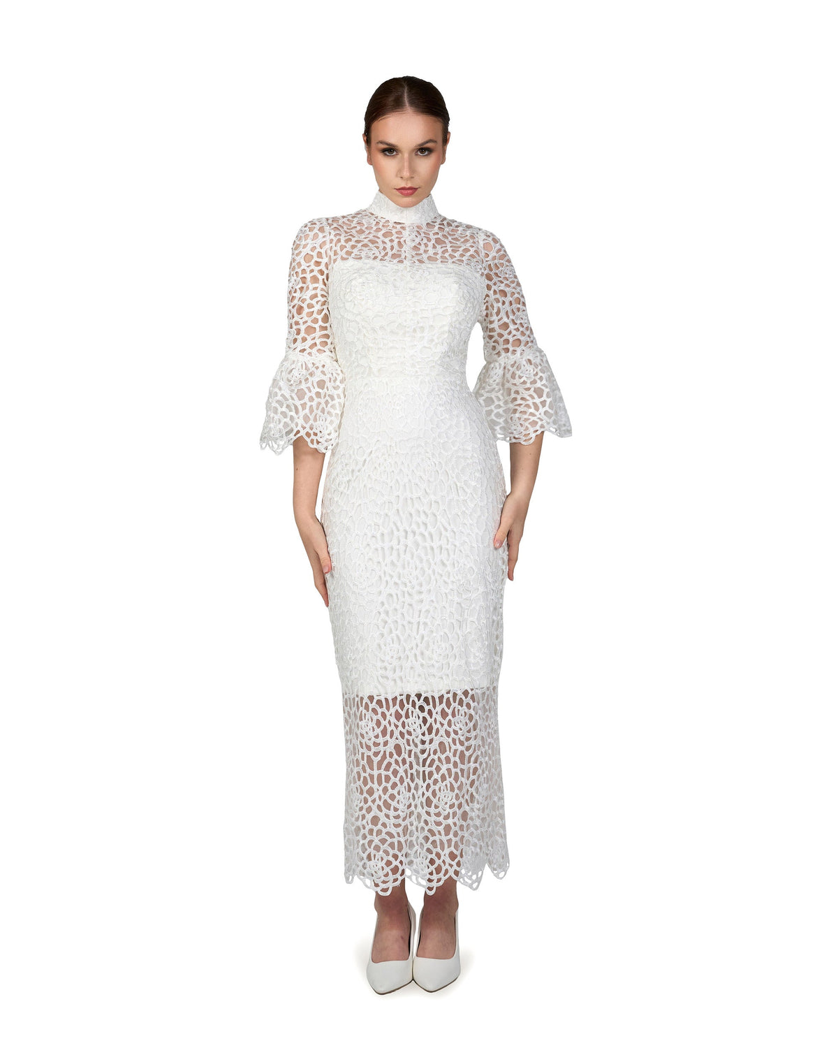 Laced midi  dress with 3/4 sleeves-Saeba