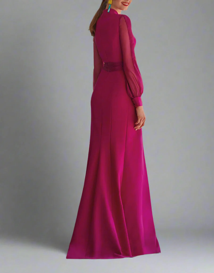 Plunge-neck gown with sheer sleeves and draped waist – Chayala
