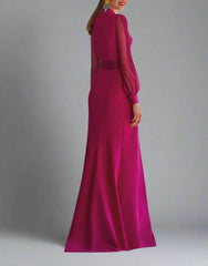 Plunge-neck gown with sheer sleeves and draped waist – Chayala