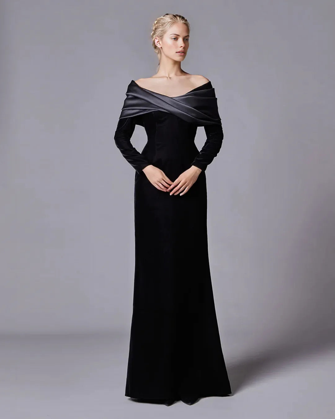 Off-shoulder velvet gown with satin drape – RobiL