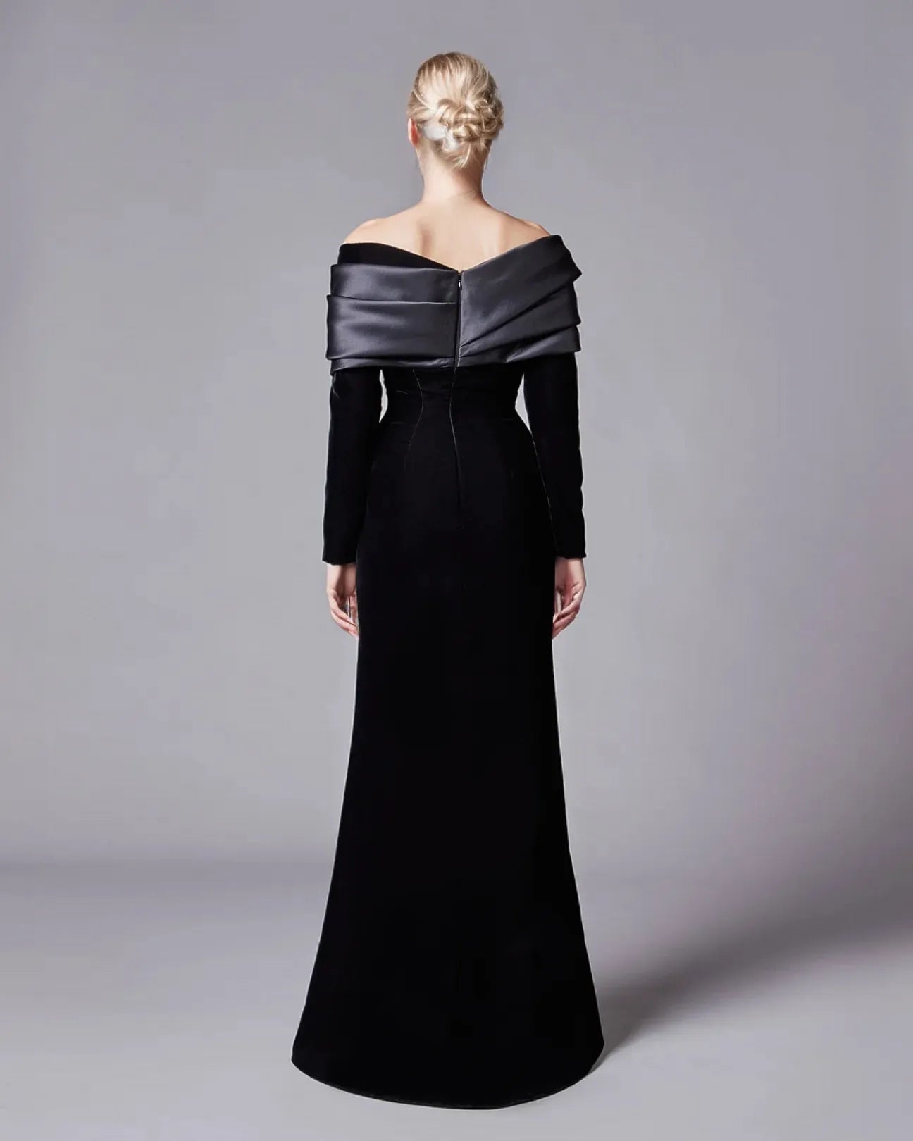 Off-shoulder velvet gown with satin drape – RobiL